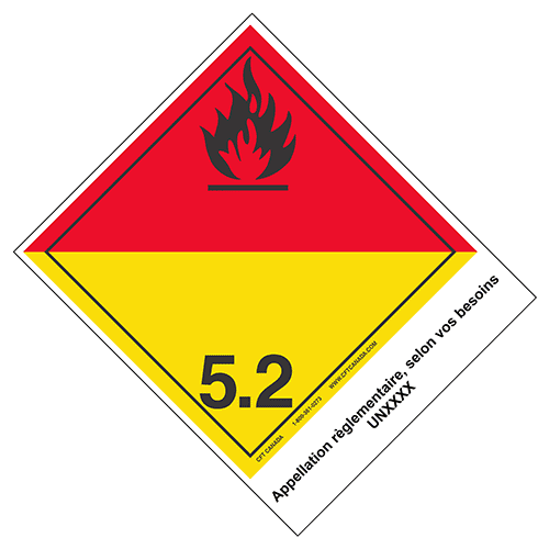 Étiquettes classe 5.2 TMD internationales avec appellation pré-imprimée : Peroxydes organiques