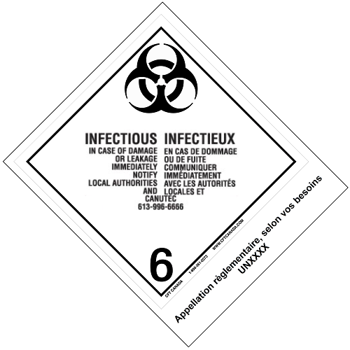 Étiquettes classe 6.2 TMD internationales avec appellation pré-imprimée : Matières infectieuses