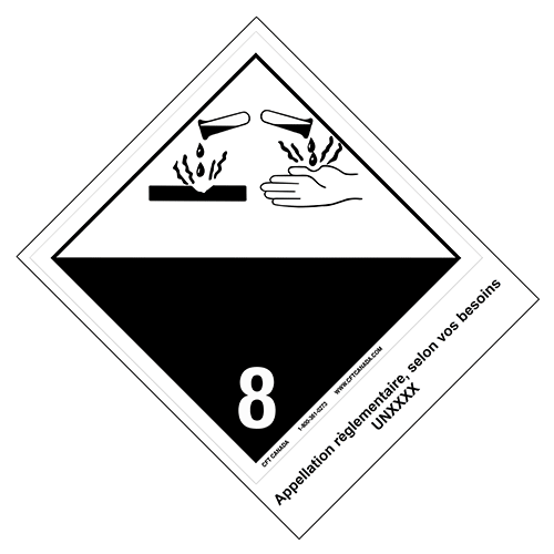 Étiquettes classe 8 TMD internationales avec appellation pré-imprimée : Matières corrosives
