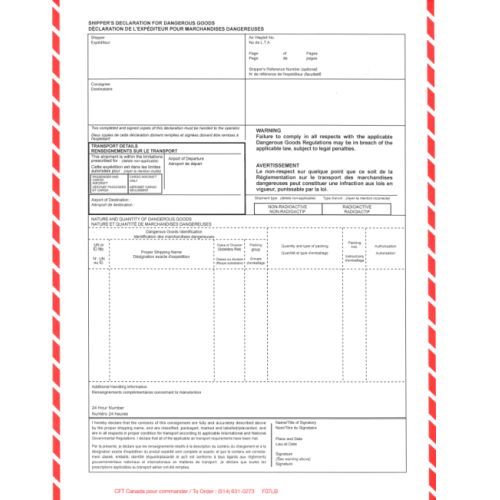 Déclaration d’expédition TMD aérienne laser pré-imprimée