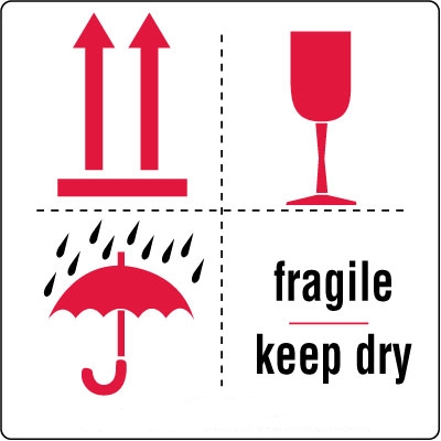 Étiquettes Fragile/keep dry – flèches rouges – coupe rouge et pluie