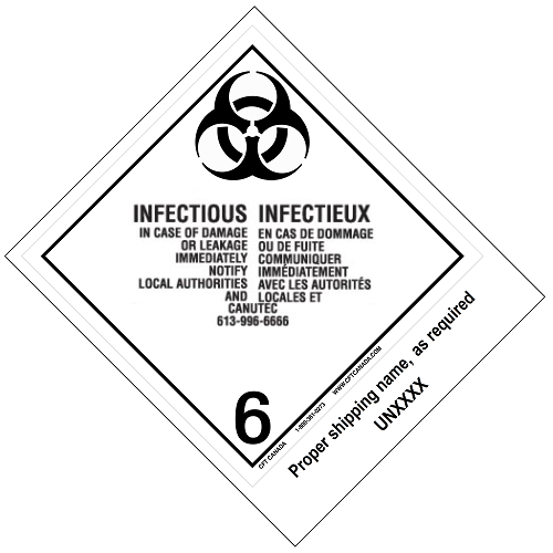 Class 6.2 International TDG labels preprinted with proper shipping name : Infectious Substances